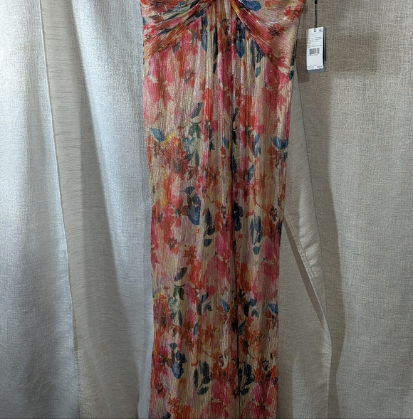 Adrianna Papell $229 Metallic Floral Print Pleated Twist V Neck Flutter Sleeve - Picture 10 of 13